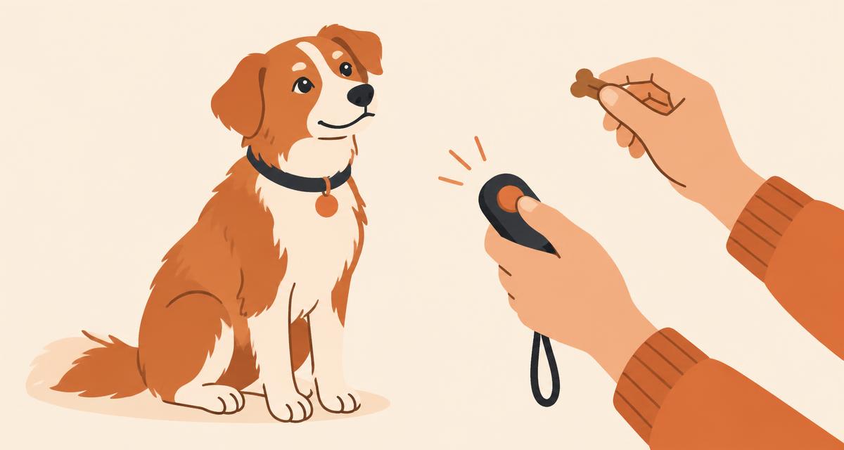 Illustration of a dog sitting and watching an owner who holds a training clicker in one hand and a treat in the other